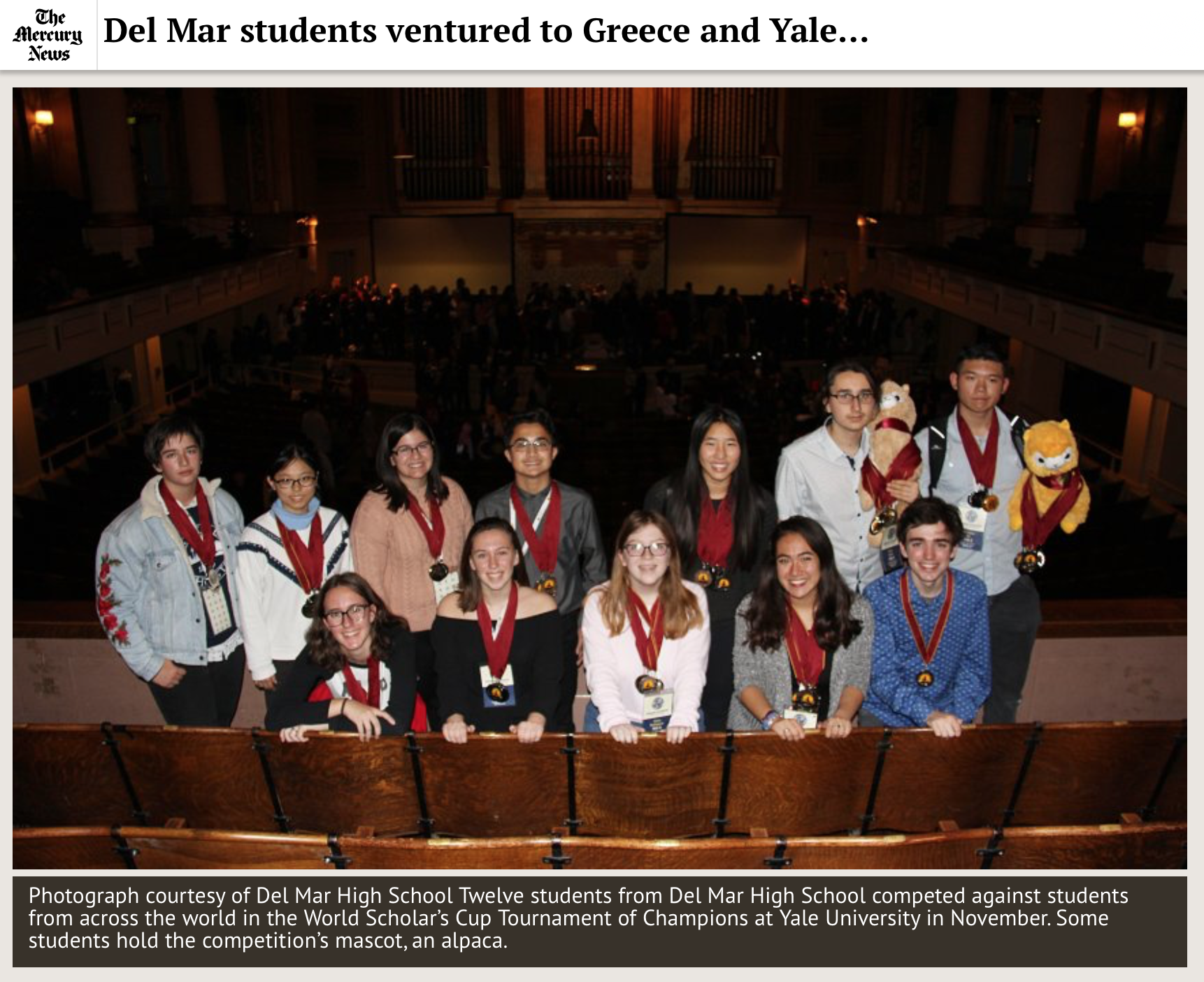 Photo of 2018 World Scholar's Cup Teams at Yale as featured in the San Jose Mercury News