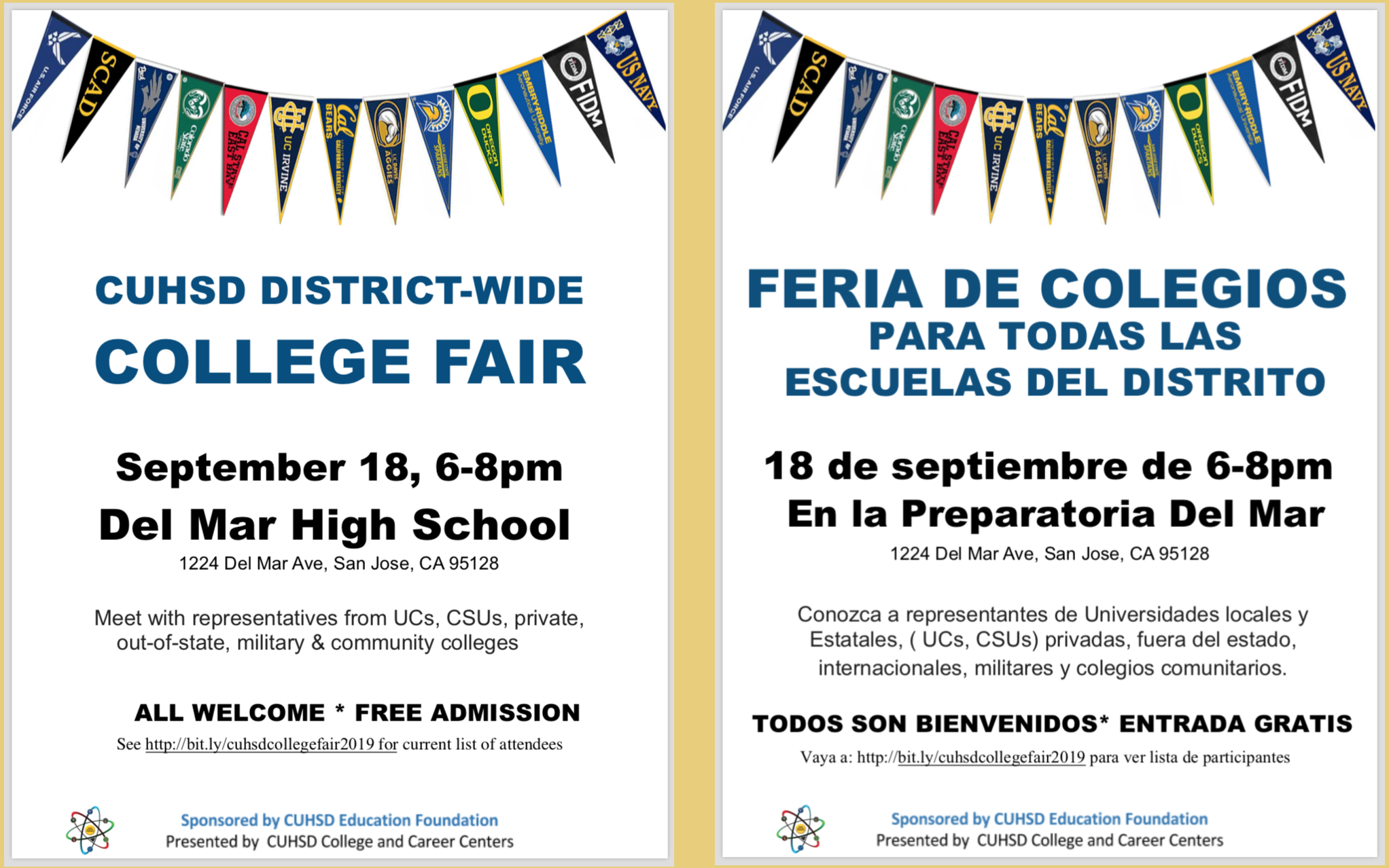 Image of flyer for College Fair at Del Mar on September 18, 2019